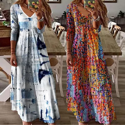 Women Long Sleeve Dress Sundress Boho Dresses Maxi Beach V Neck Casual Party D • $43.80