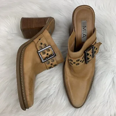 MIA 2YK Brown Leather Block Heel Western Pointed Toe Boot Women 9 M Buckle Strap • $30