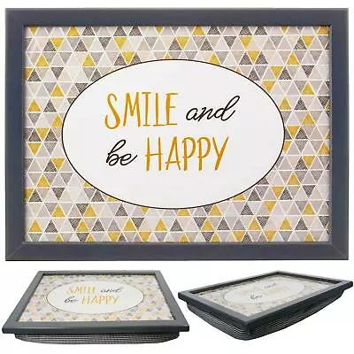 Wooden Tray Lap Soft Padded Cushioned Bean Bag Dinner Food TV Smile & Be Happy • £9.99