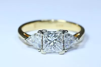 .75 Carat Princess  Diamond Flanked By Two .25ct  Trillion Diamonds Wedding Ring • $1895