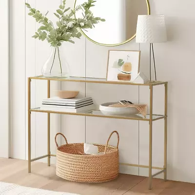 Modern Gold 2-Tier Glass Console Table - Stylish Entryway And Living Room Accent • $94.26