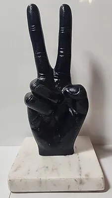 Sculpture Hand Statue Black Metal Peace Sign 8” Metallic Marble Stand  Art • $21.99