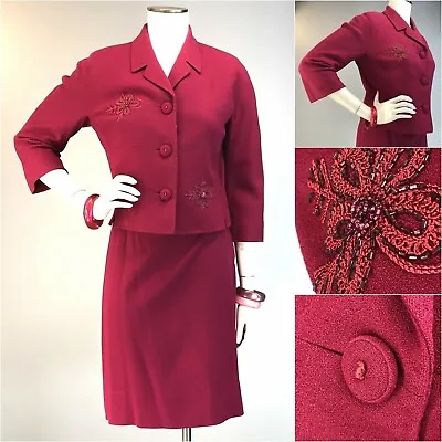 Vtg 60s Piedmont Wool Fuschia Beaded Skirt Suit Blazer Valentines Mad Men S - M • $118