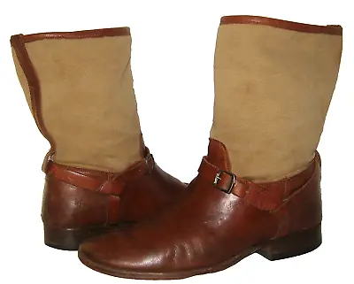 Nice Patina! Women's FRYE Paige Brown Leather-Canvas Buckle Mid-Calf Boots 7-7.5 • $55