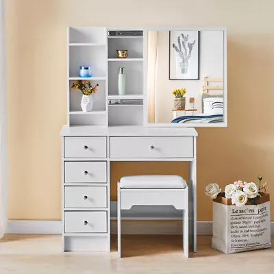 White Dressing Table Wood Makeup Desk With Slide Mirror 5 Drawers Stool Bedroom • £125.99