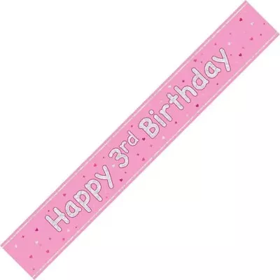 3rd BIRTHDAY BANNER PARTY DECORATION - - Age 3 -  PINK Girl Three FAST DISPATCH • £2.29