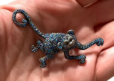 Vintage Silver Tone Sparkly Blue Crystal Dotted Marcasite Monkey Brooch Pin • $22