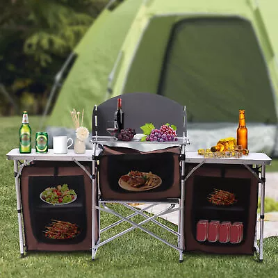 Folding Camping Kitchen Table Picnic Cabinet Table Cooking Station Storage Rack • $75.20