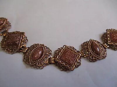 Vintage GOLDTONE Gold Foil Lucite Beaded Rose Gold Tone Filigree Link  Bracelet • $8.99