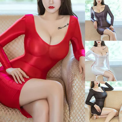 $12.36 • Buy Women Deep V-Neck Glossy Bodycon Mini Dress Cocktail Party Dress Sheer Lingerie