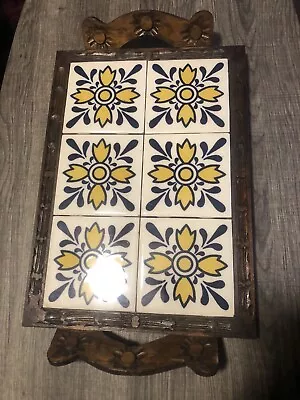 Vintage 70s Monterrey Mexico Tile Tray With Carved Wood • $60