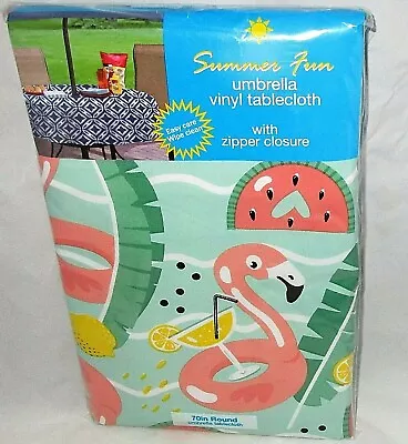 TROPICAL VINYL UMBRELLA TABLECLOTH W/Zipper Closure 70  Round  PINK FLAMINGO'S • $20.69