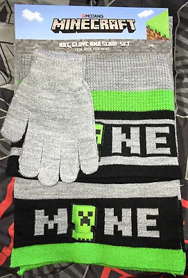 💀 Minecraft Winter Hat Stocking Cap Scarf & Gloves Boys Youth Green Black Gray • $17.77