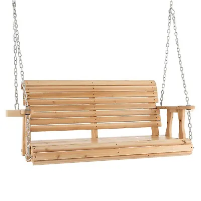 2-Person Porch Hanging Swing Chair Wooden Garden Swing Bench W/ Cup Holders • £129.95