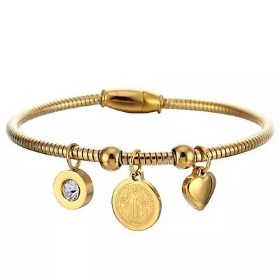 San Benito Medal Bracelet-Gold Heart Stainless Steel CZ Stone Magnet Wire Bangle • $13.61