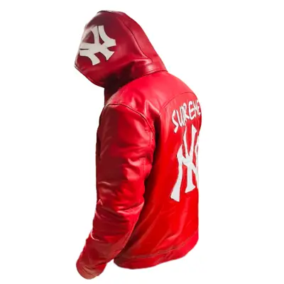 NY Yankees Letterman Varsity Leather Jacket With Removeable Hood - Red And Black • $169