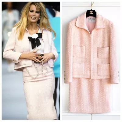 Rare Chanel Vintage S/S 1992 Pink Tweed Gold Camellia Jacket Skirt Suit • $3600