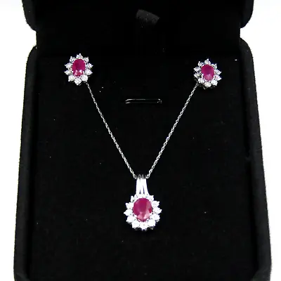 10k White Gold Ruby/Diamond 18  Necklace & Earring Set SJ101 • $399.95