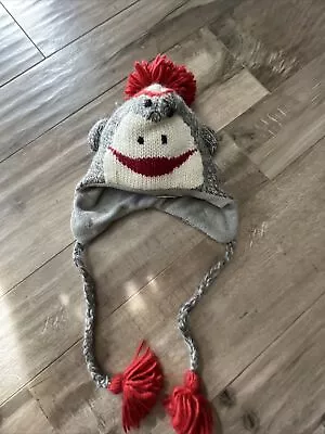 £6.51 • Buy Sock Monkey Winter Beanie Knit Hat Pom Poms Child Kid Size HAND MADE