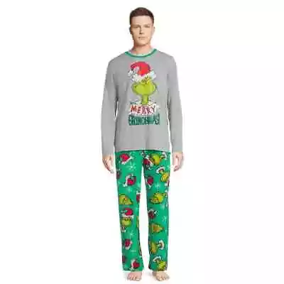 Dr. Seuss Men's 2 Piece The Grinch Top And Pant Pajama Set XL Green/Gray • $17