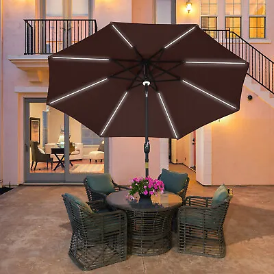 2.7m Garden Parasol Sun Umbrella With LED Solar Light And Angled Canopy Coffee • £94.99