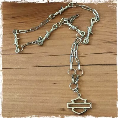 Harley Davidson Bar & Shield Outline Charm Necklace Barbed Wire Paperclip Chain • $60