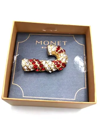 MONET Rhinestone Christmas Candy Cane Pin Brooch Red Clear Stones Gold Tone • $14.27