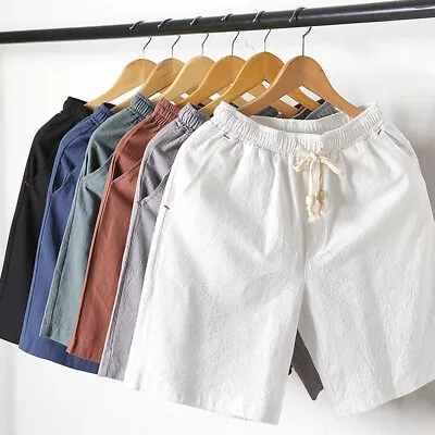 Men Cotton Linen Shorts Elastic Waist Drawstring Summer Loose Casual Beach Pants • $11.98