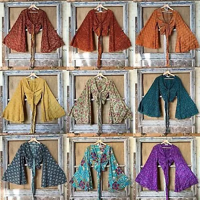 Wholesale 5 Pc Indian Vintage Silk Sari Bell Sleeve Crop Top Retro 60s Clothing • $108.87