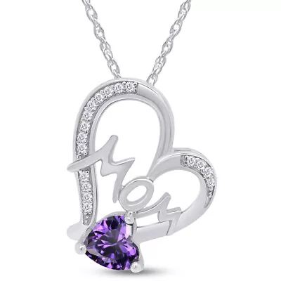 Purple Amethyst & White Sapphire  Mom  Heart Pendant 925 Sterling Silver • $213.71