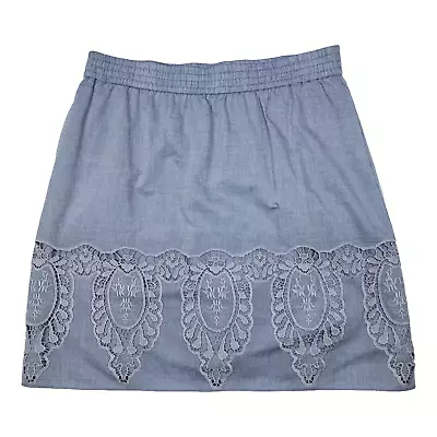 Talbots Chambray Lace Skirt LP Blue Embroidered Pull-On L Petite Cottagecore PL • $26.99