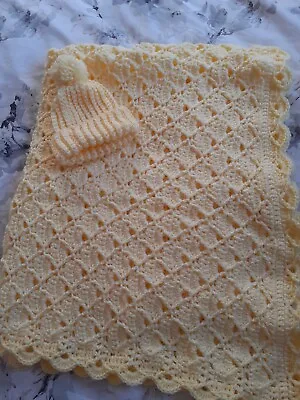 Handmade Yellow Crochet Baby Blanket + Free Pom Pom Hat • £12