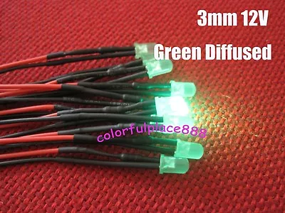 50pcs 3mm Green Diffused Round Top 9V 12V DC Pre-Wired LED Leds Light 20CM  • $8.50