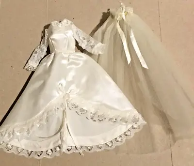 Vintage Handmade Doll Wedding Bride Dress With Veil - Fit Barbie Dolls - Snaps • $8.95