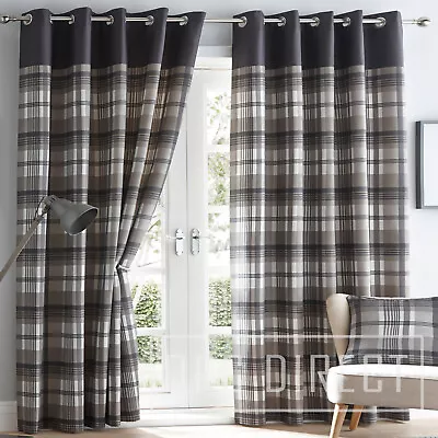 Pair Of Grey Tartan Plaid Check Fully Lined Eyelet Ring Top Ready Made Curtains • £14.99