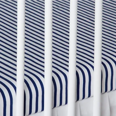 2 X COT BED FITTED SHEET Navy Stripes 60x120 Cm 70x140 Cm PURE COTTON • £10.49