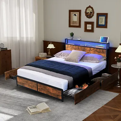 Levede Queen Bed Frame Industrial RGB LED Drawers Storage Headboard USB Charge • $399.99