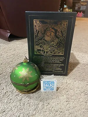 Mostowski Polish Hand Blown Art Glass Ornament Hinged Ball Green Snowflakes Box • $72.77