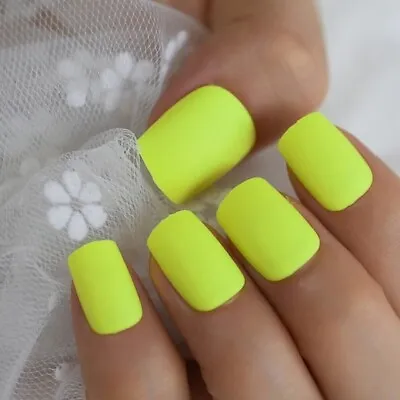 False Nails Square Matte Neon Yellow 24PK + Nail Tabs 0070 • £3.99