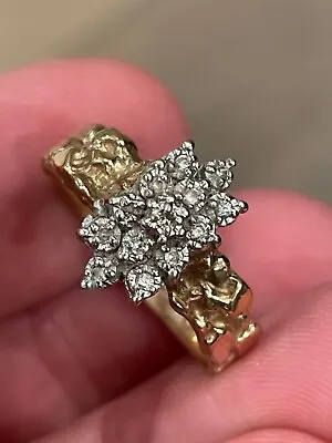 Vintage 10k Solid Gold Nugget & Diamond Cluster Ladies Ring! Sz 8- 3.4GR! • $199.99