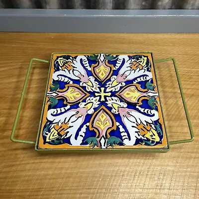 Vtg Ceramic Tile Onda Trivet Spain 8 X8  Green Metal Stand Holder Base • $14