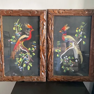 Vintage Pair Of Mexican Feather Craft Aztec Bird Art Hand Carved Wooden Frames • $27.95