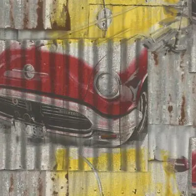 Rasch Vintage Street Art Cars Iron Sheet  Grey/Yellow Multi Wallpaper 212419 • £9.99