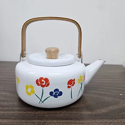 Vintage Himark Tea Kettle Retro Yellow Flowers Enamel  Wood Handle  • $17.95