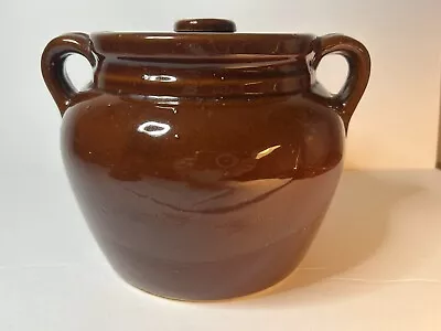 Vintage Brown Glaze Stoneware Crock Bean Pot With Handles And Lid Pottery USA • $18