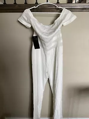 $70 • Buy BeBe Off Shoulder Mesh Panel Jumpsuit White Sz M 