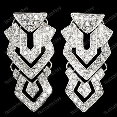 2 Long CRYSTAL AZTEC CHANDELIER EARRINGS Big FASHION Glass Rhinestone ART DECO • £4.50