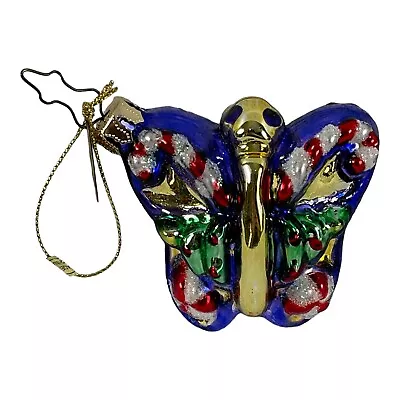 Vintage Mark Klaus 2003 Glass Christmas Ornament Purple BUTTERFLY Candy Canes  • $8.50