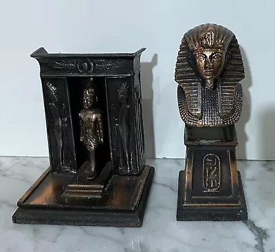 Two Vintage Solid Metal Egyptian Statues Of A Pharaoh And King Tut's Golden Mask • $50