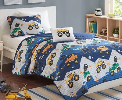 Monster Trucks Rally Quilt Set : Kids Boys White Blue Coverlet Jam Bedding • $79.45